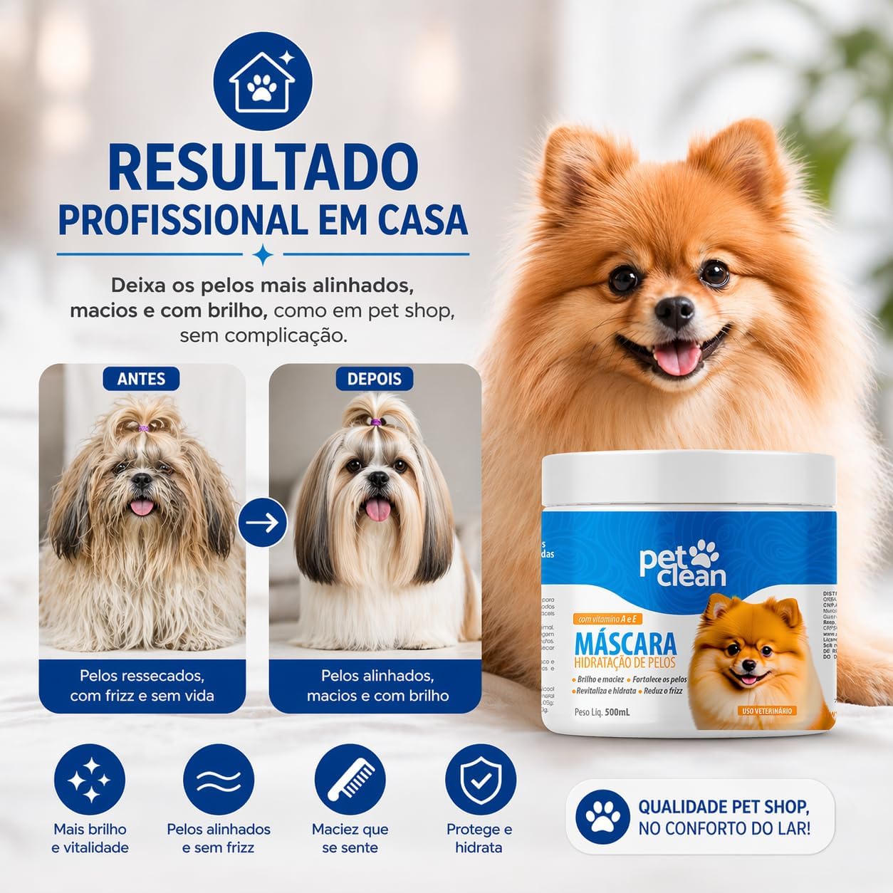 Máscara Soft Pet Clean Hidratação Profunda para Pelos de Cães e Gatos Revitaliza, Desembaraça e Dá Brilho Fácil Aplicação, Não Oleosa, Resultado Rápido, Uso Seguro e Profissional